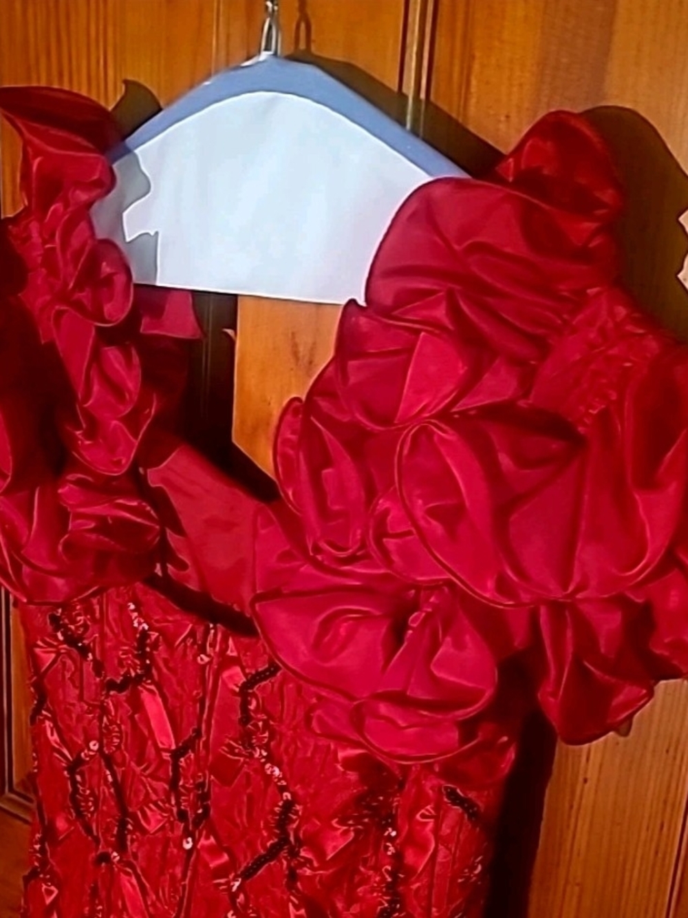 Red Ruffled Floral Appliqué Evening Gown By Dave & Johnny Size 7-8 - Picture 10 of 11